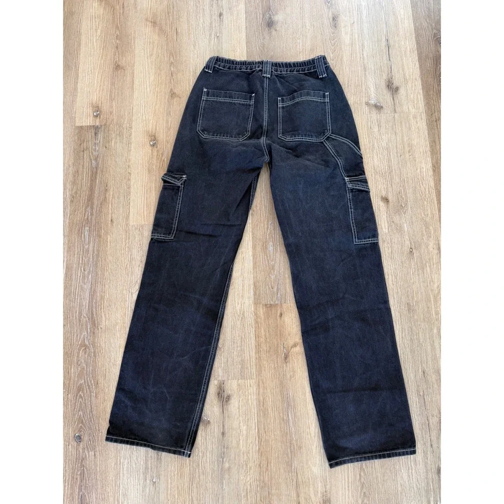 Fashion Nova Cargo Jeans Womens 7 Black Contrast Stitch Relaxed Straight Utility